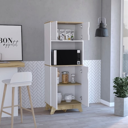 Tuhome Pamplona Microwave Tall Cabinet Counter Surface, Top And Lower Double 2 Cabinets, Light Oak/White MDB7161